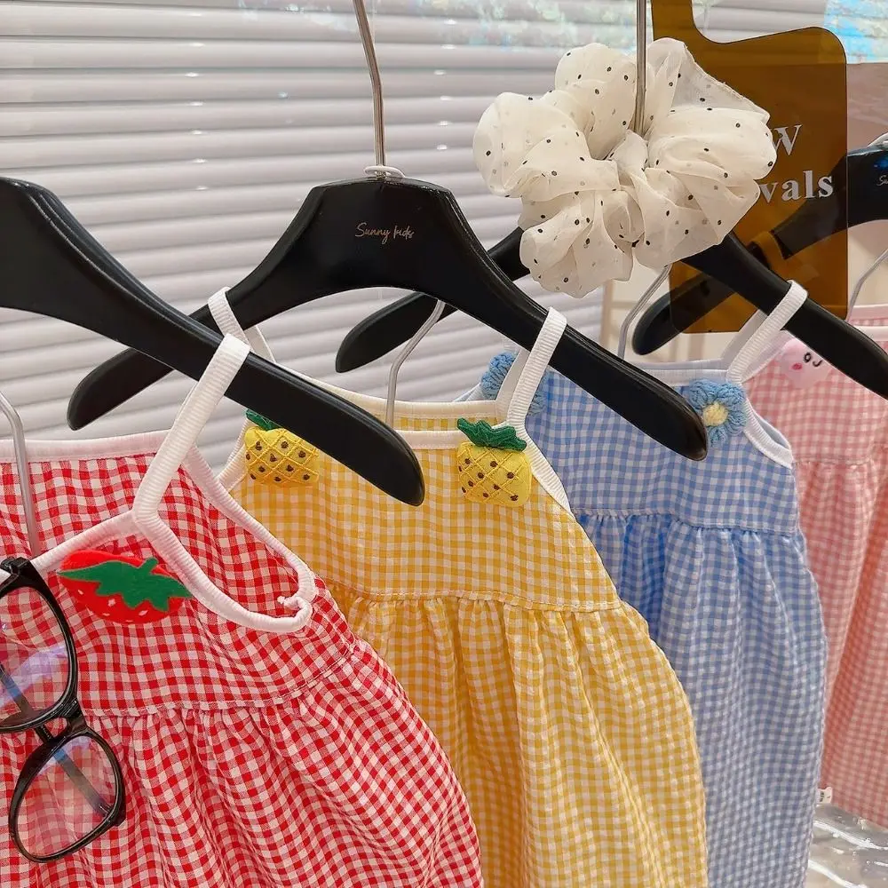 Gingham Pattern Girls Summer Dress Fruit Applique Spaghetti Straps Gathered Skirt Soft and Breathable Kids Strap Dress