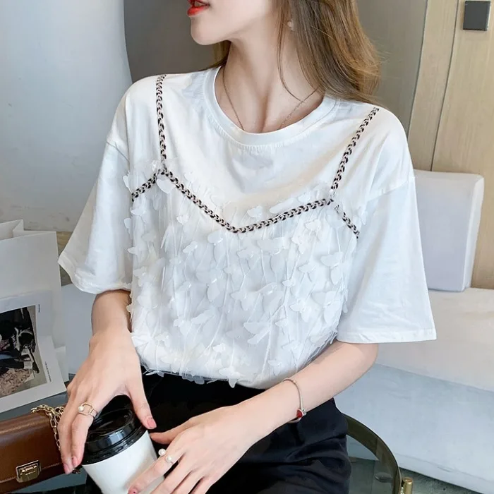 

White Pure Cotton ort Sve T-irt Women Summer Loose New Design Sensation Small ence Fake Two-Piece Strap Top