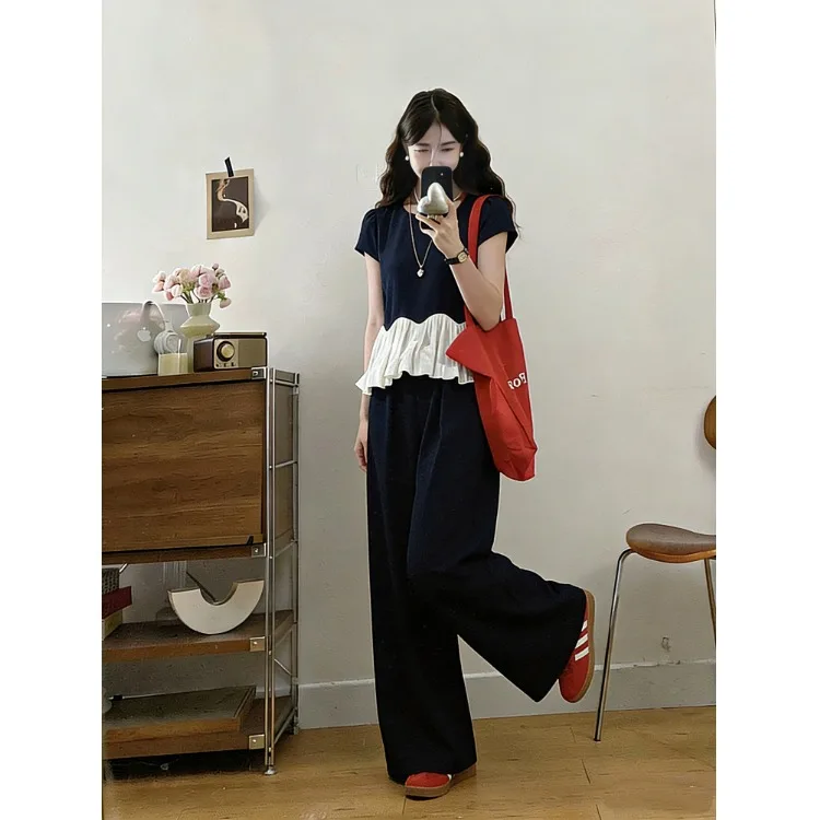 

Комплект из жилета и брюк в корейском стиле больших размеров для женщин, лето 2026, новинка, без рукавов, широкие брюки, модный комплект из двух предметов больших размеров