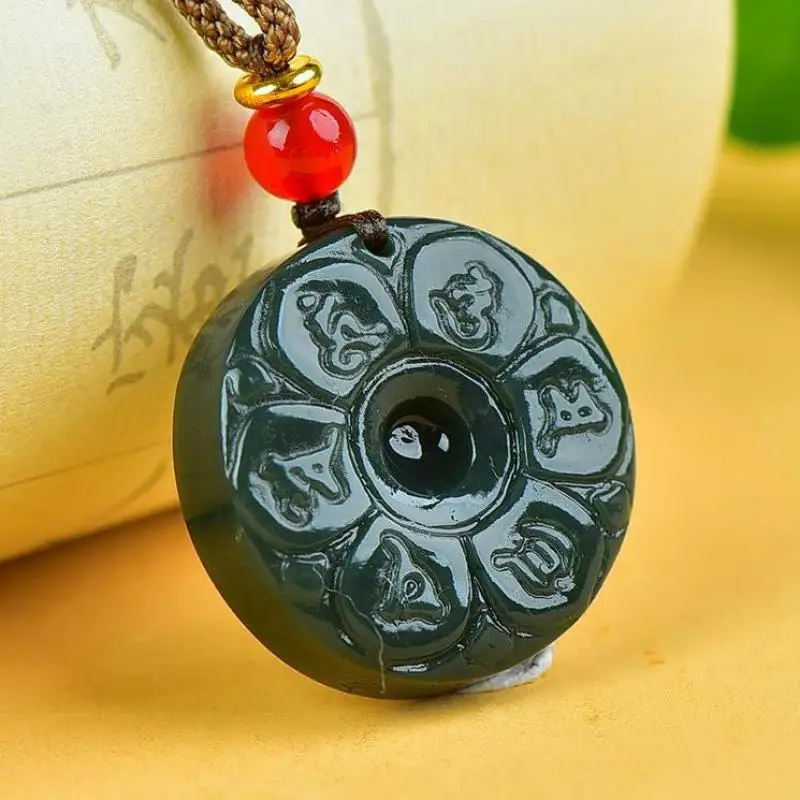 Genuine Natural Hetian Jades Nephrite Six-character Mantra Round Pendant Rope Chain Green Jade Buddhist Amulet Charms Necklace