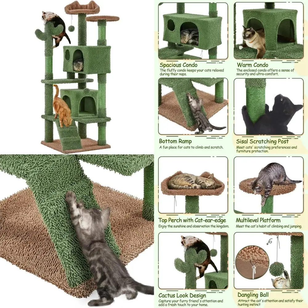 

Многоуровневая башня для кошек в виде кактуса с рампами, ушками животных, когтеточками, платформой и подвесным шариком, высота 54,5 дюйма, идея