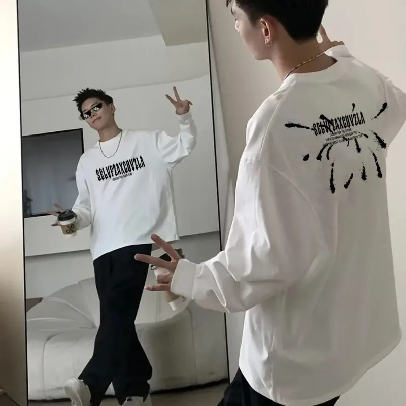 الربيع والخريف الأمريكية العصرية القطن الخالص بأكمام طويلة تي شيرت الرجال فضفاضة ومتعددة الاستخدامات قاع قميص أعلى #2