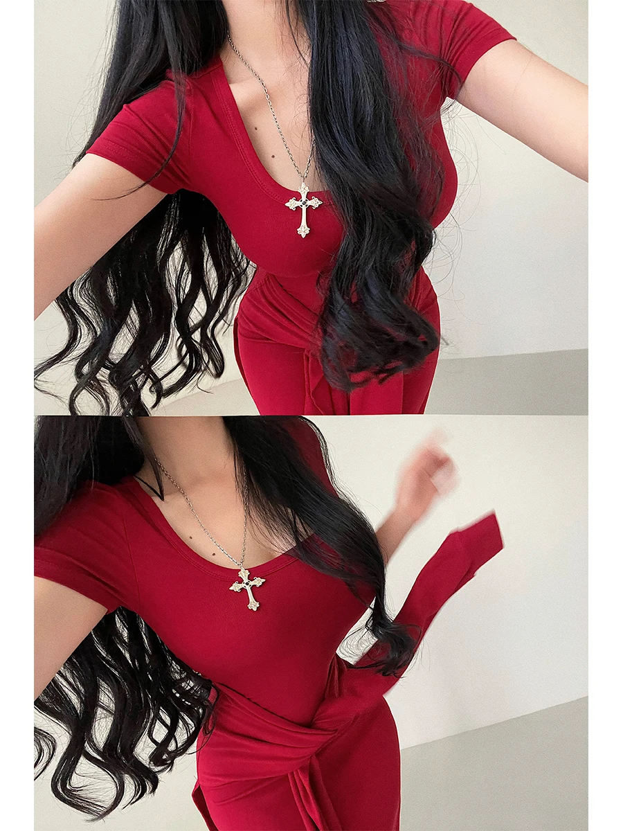 Pure Desire Sexy U Neck Fake Two Piece Strap Up Waist Short Sleeve Dress Elegant Long Dress Sweet Fashion Sexy Women CL30