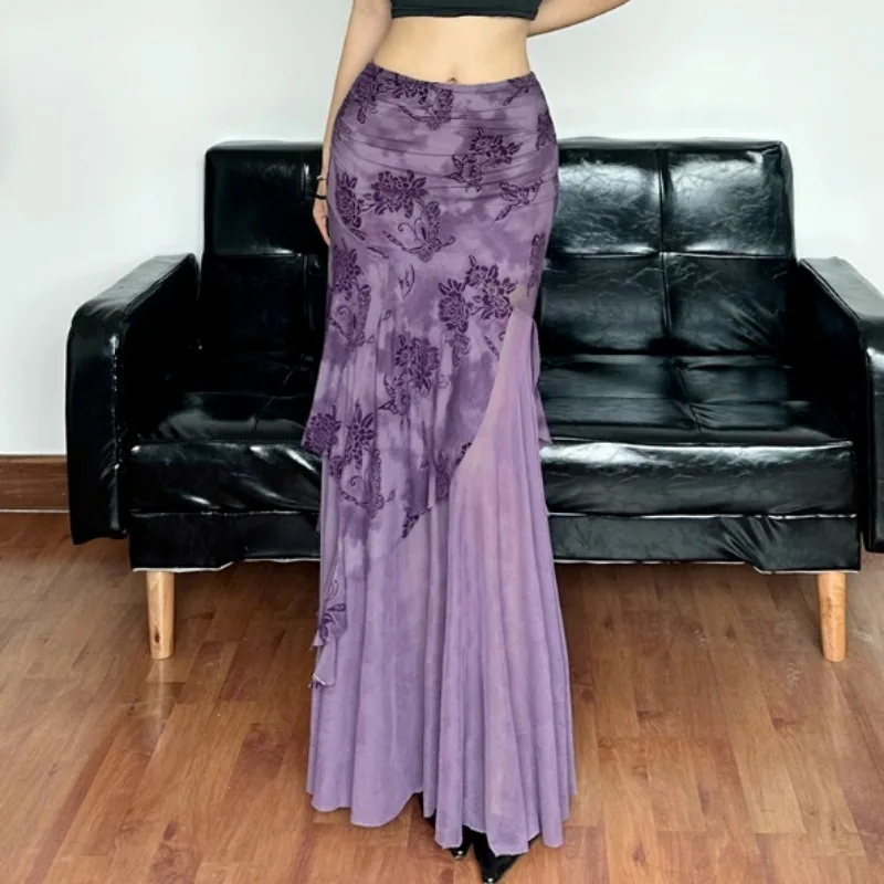 

Ezgaga Skirts Women Irregular Mesh Patchwork Floral Printed Ruffles High Waist Autumn New Fashion Long Skirt Female Elegant
