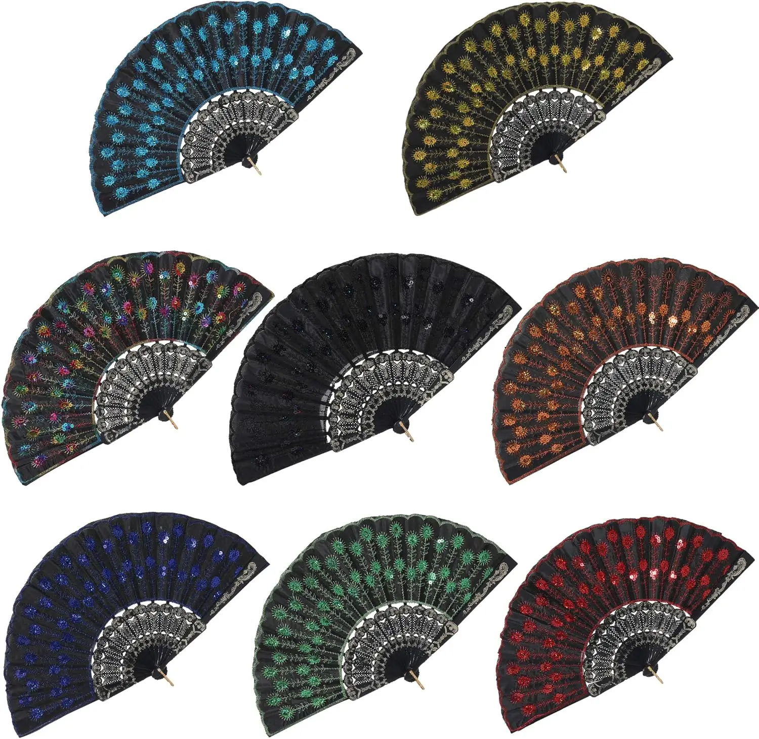 Vintage Folding Hand Fan Embroidered Sequins Handheld Folding Fan Fabric Folding Fan for Wedding Dancing Party