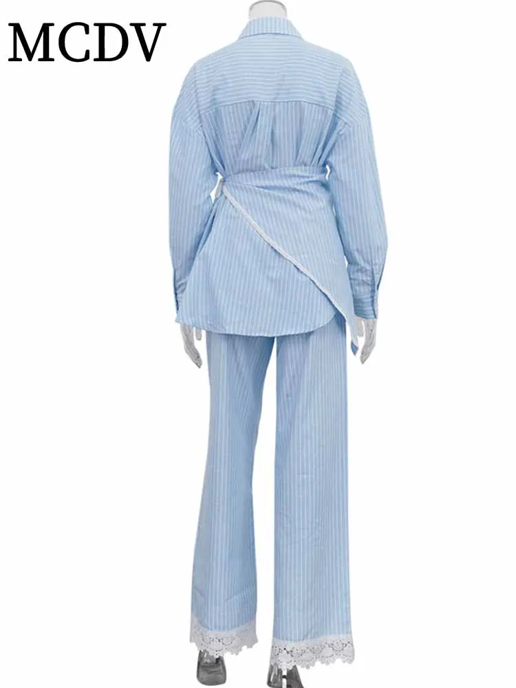 MCDV Casual losse streep broek set dames kant patchwork volledige mouw knop shirt veterriem wijde pijpen broek 3-delige outfits