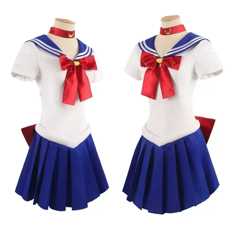 Women's Sailor Moon Tsukino Usagi Adult Cosplay Costume 7 Pcs Set Crystal Sailor Suit Dress Wig Props Uniform Outfit Halloween