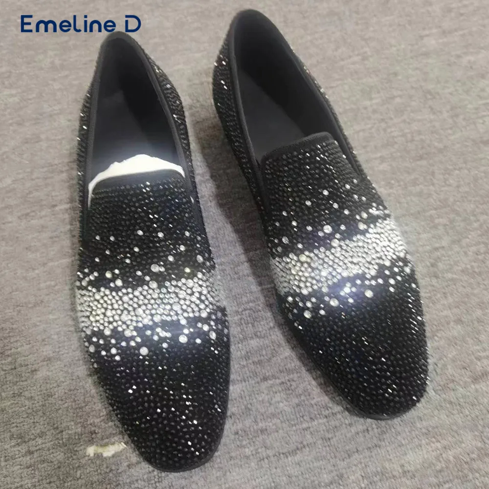 

Luxury Black and White Full Diamond Loafers Round Toe Slip-On Crystal Business Shoes Personality Fashion Trend Men's Shoes