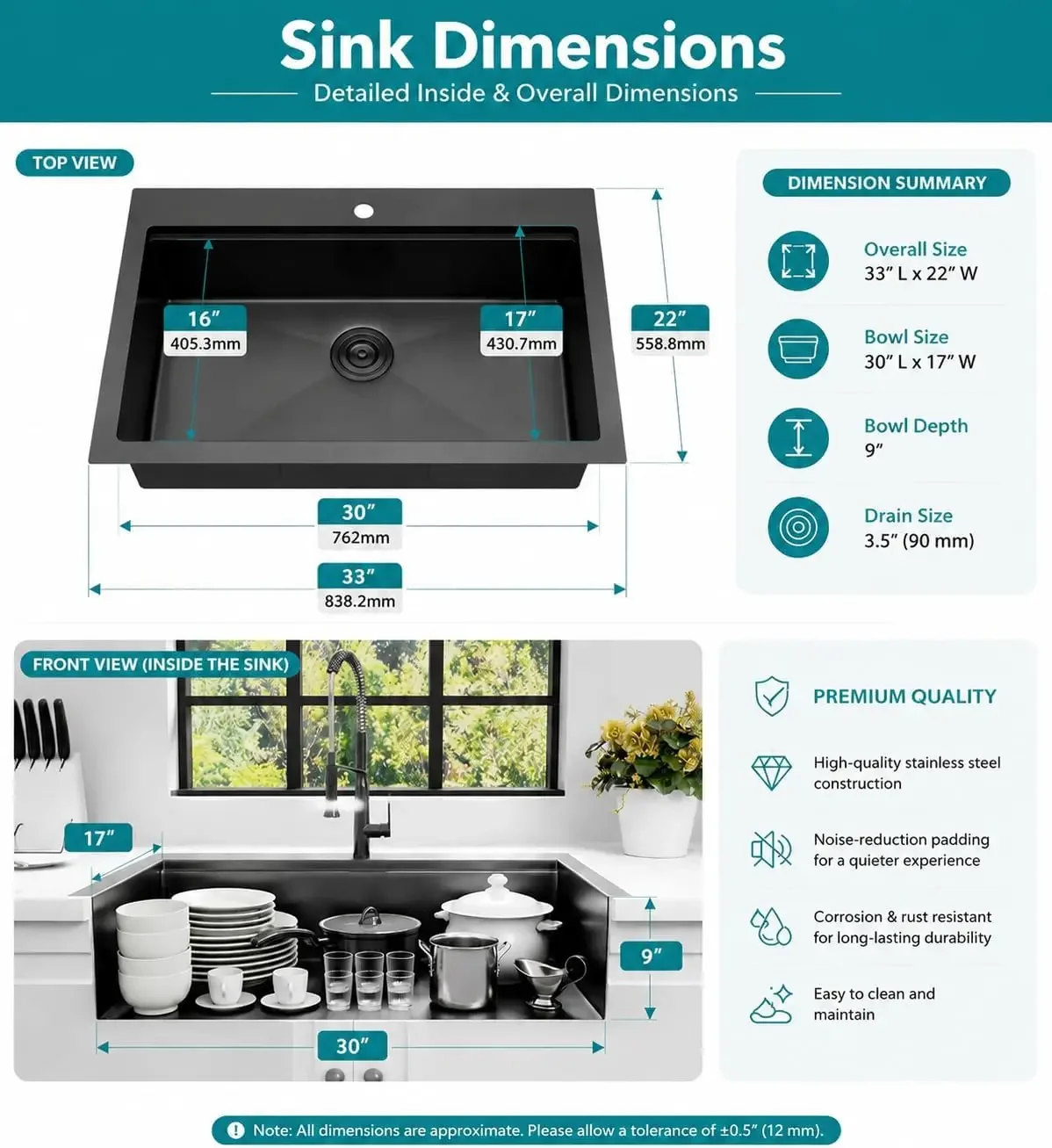 33x22 Black Kitchen Sink, 16 Gauge Stainless Steel Drop In Workstation Sink | 9" Deep Single Bowl Top Mount Sink with Handmade D view 2
