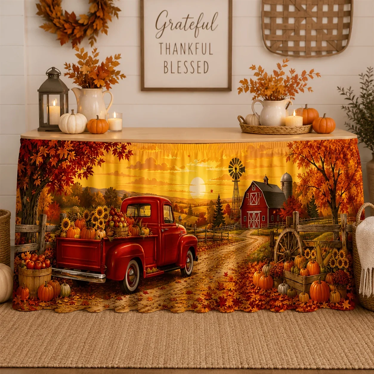 One tablecloth table skirt made of polyester, in a vintage red color, with a truck farmhouse style and a windmill design.