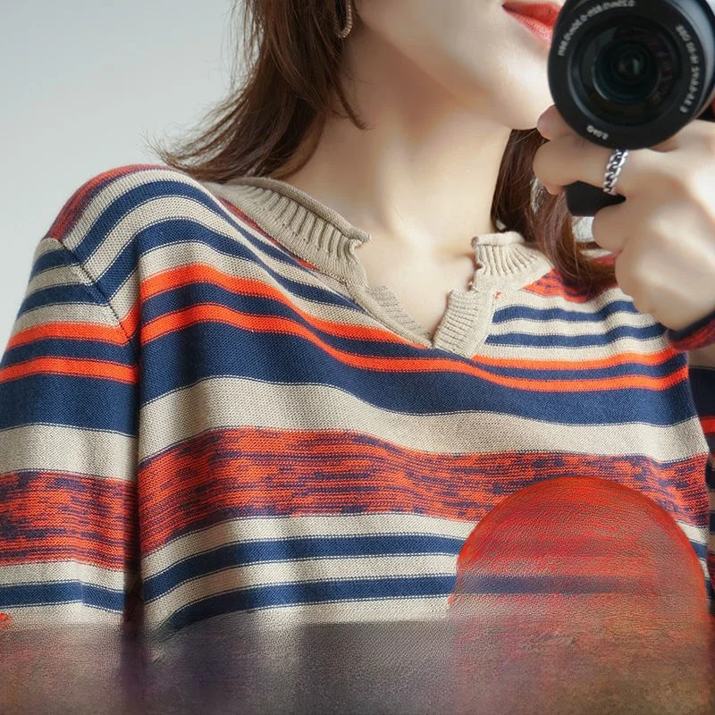 

Loose Fit Pure Cotton Korean Sle Women's Long Sve Spring Autumn New Sle Striped Faion Thin Knitted Top Base irt