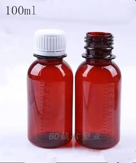 100ml  brown Plastic liquid Empty Bottle scale of medicine container gasket Syrup Essential oil jars 50 pcs