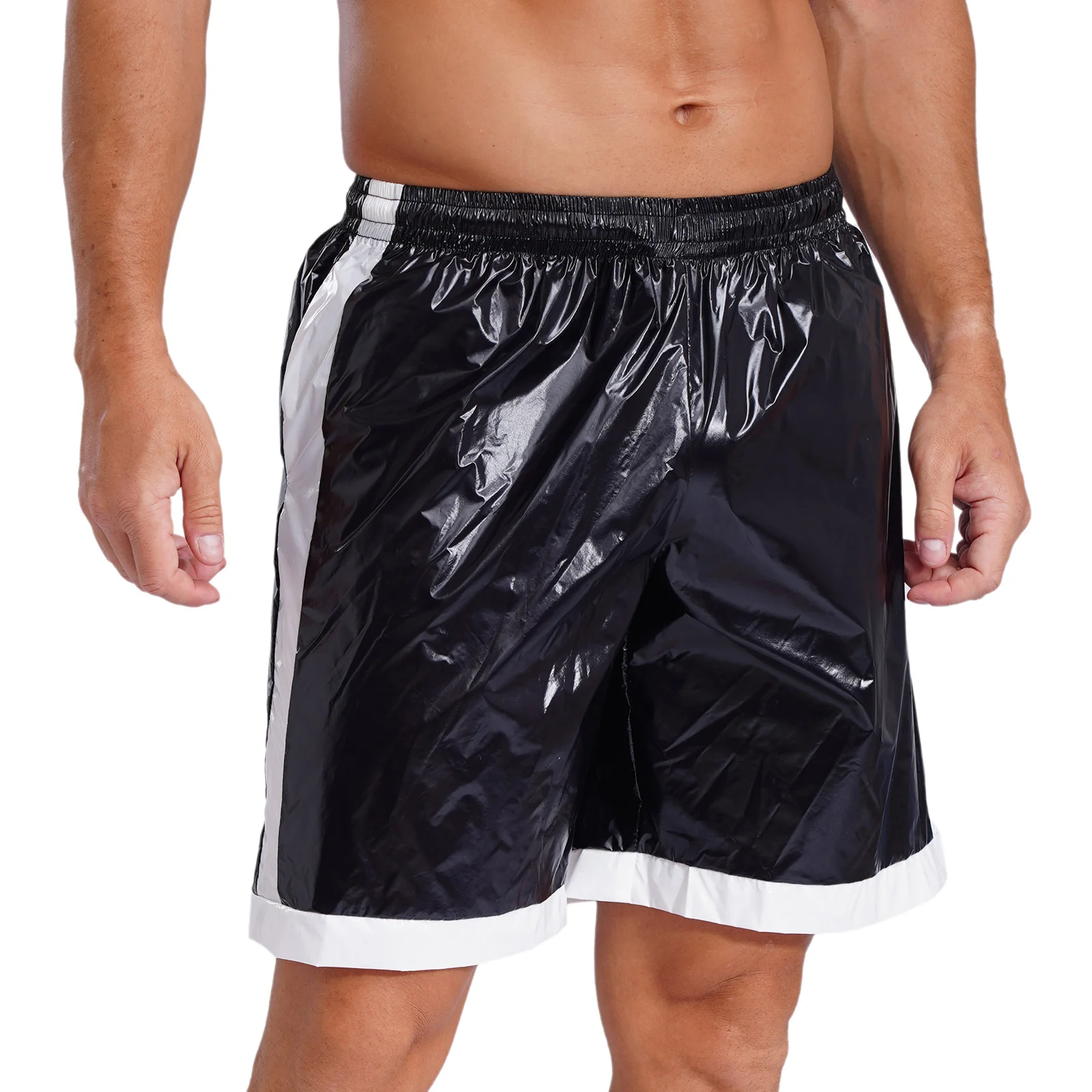 

Mens Swimming Trunks Wet Look Boxer Shorts with Drawstring Swimwear Wet Look Contrast Stripes Loose Boxer Shorts Loungewear