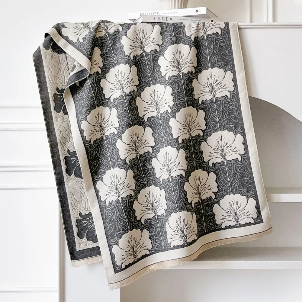 

Elegant Leaf Pattern Imitation Cashmere Scarf Warm Soft Fringe Shawl Windproof Coldproof Blanket Scarf for Winter Season