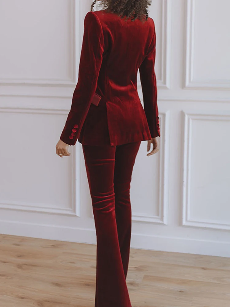 Elegant Commute Women's Solid Color Outfits Autumn Winter New Slim Two Piece Fashion Lapel Velvet Long Sleeve Blazer&Pants Sets