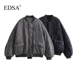 EDSA Women Oversized Quilted Bomber Jackets Thick Warm Coat Long Sleeve Snap-Button Female Outerwear Chic Tops