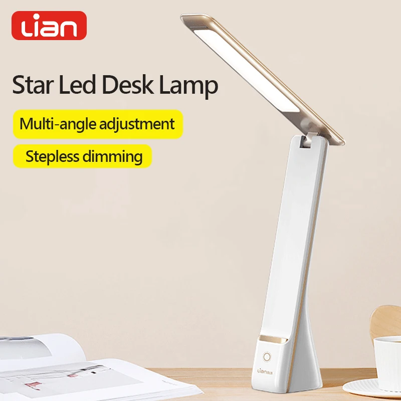 

Настольная лампа Lian Star с LED-подсветкой, трехуровневая регулировка яркости, лампа для чтения, аккумулятор 1800 мАч, сенсорное управление, многоугольная регулировка.