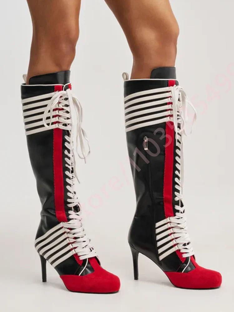Black Red Color Block Striped Knee High Boots Women 2026 New Full Lace Up Thin Stiletto High Heel Fashion Streetwear Long Boots
