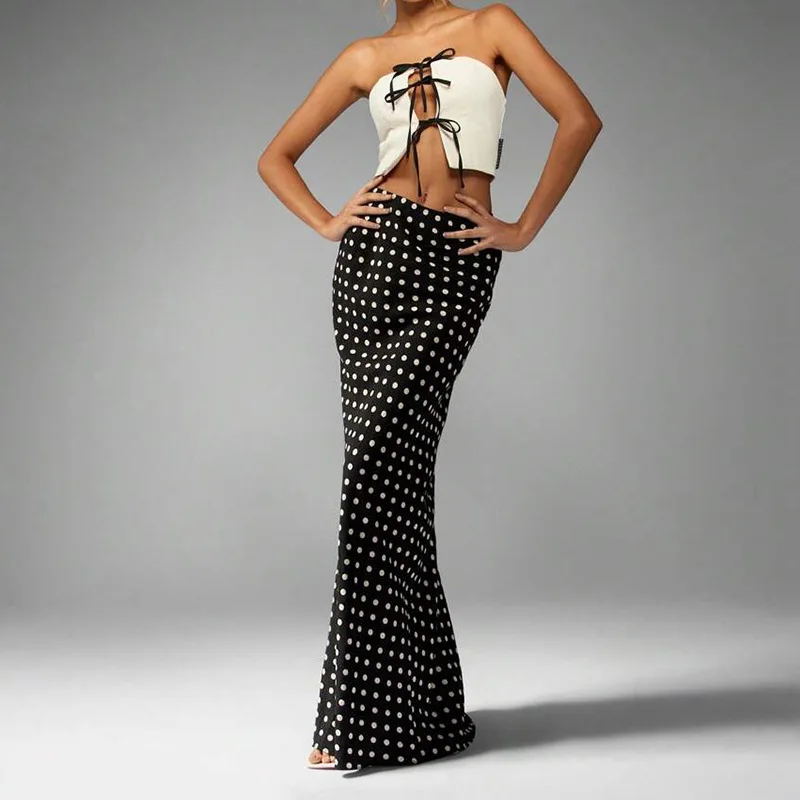

2025 Summer European-American Style Fitted Polka Dot Midi Skirt for Women
