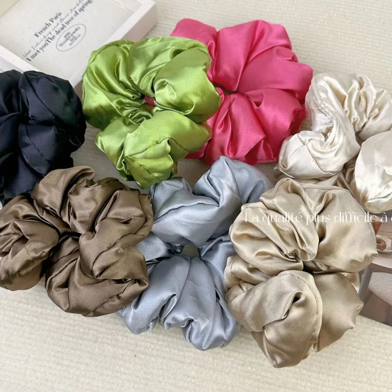 French Lazy Style Satin Pleated Scrunchie Headwear for Women 2024 Summer Korean Colored Ruffled Large Hair Band Hair Accessories