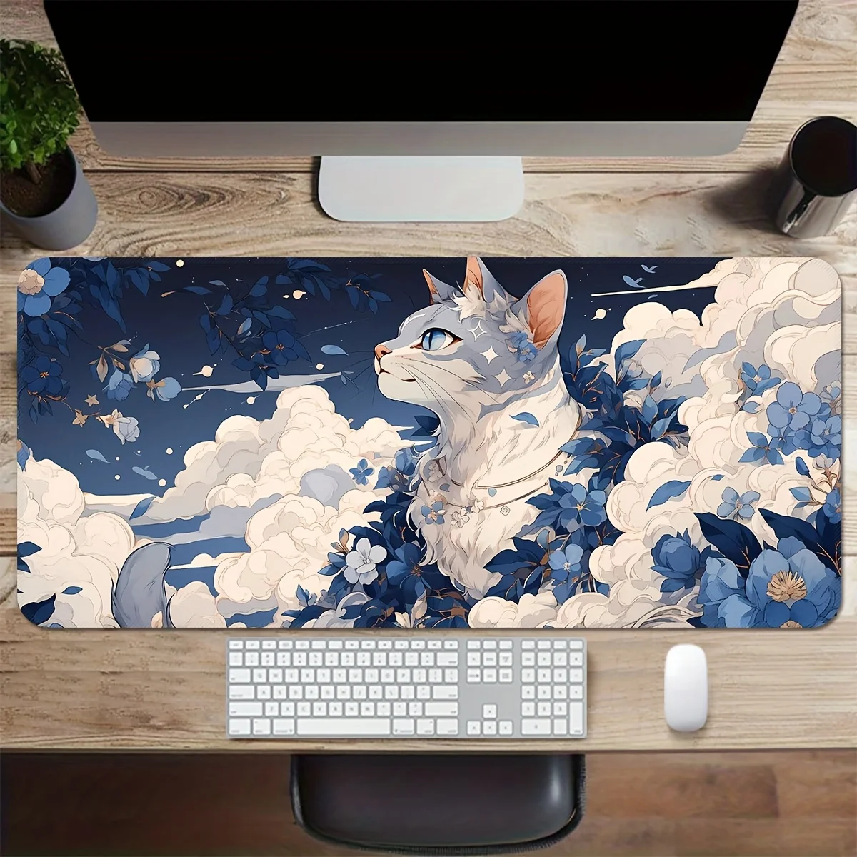 Blue Cat Extra Large Gaming MousePad Thick non-slip rubber desk mat with precision stitched edges suitable for daily office work