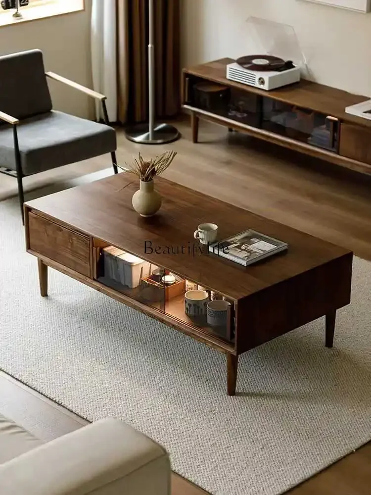 

Nordic Black Walnut Solid Wood Coffee Table Living Room Light Luxury Nordic Italian Simple Square Table