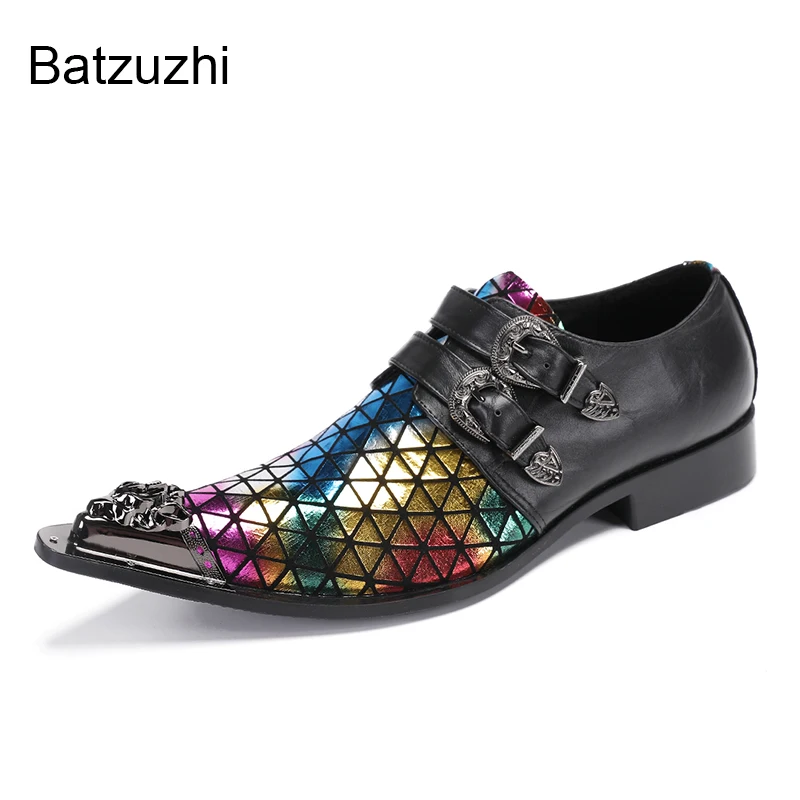 Batzuzhi New Design Men Dress Shoes Genuine Leather Muti Color Pointed Iron Toe Luxury Party and Wedding Footwear