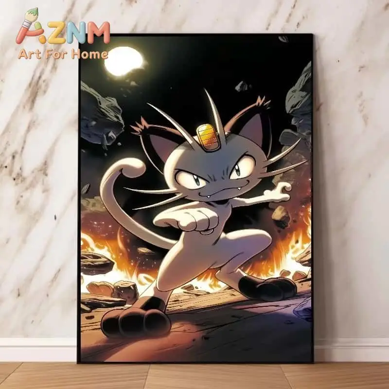 AZNM Pokemon Meowth Anime Canvas Wall Art, Normal Type Pokemon Retro Comic Style Print,  Canvas Painting for Living Room Decor