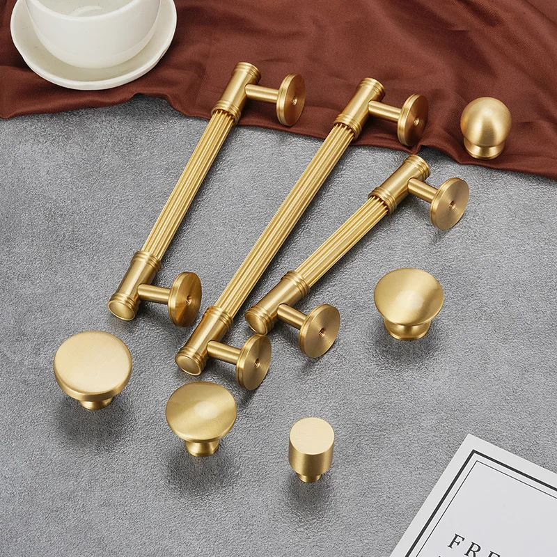 Solid Brass Luxury Furniture Handle Ribbed Romance Style PVD Gold T-Bar Kitchen Cabinet  Pull Wardrobe Door Copper Knob