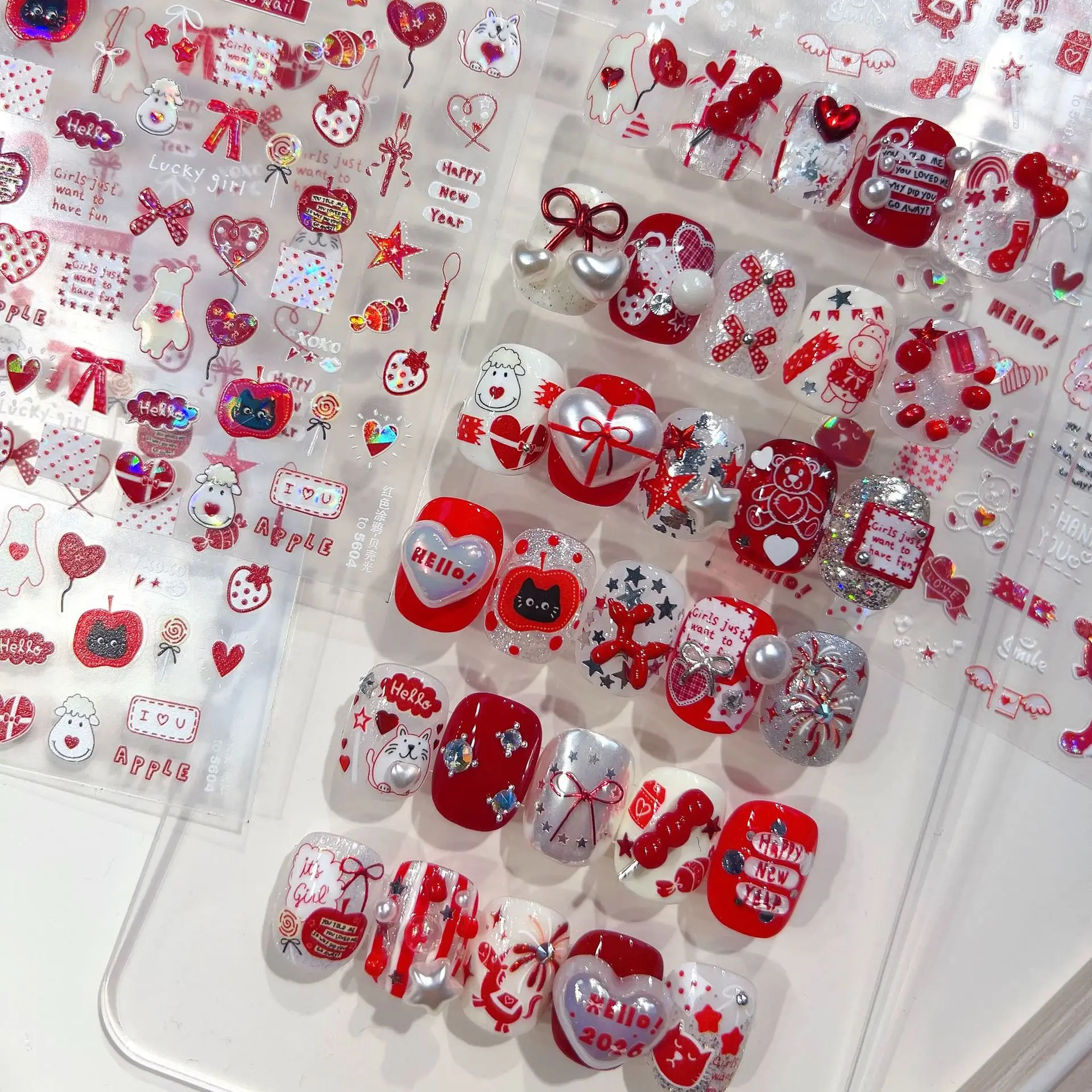 

1pcs 5D New Year Nails Decorations Stickers Cute Red Graffiti Mini Horse Heart Bow tie Nail Art Stickers Adhesive Nails Sticker