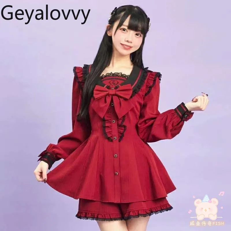 

Милый костюм Lolita SC, осенний полосатый топ с длинными рукавами, винтажный топ в студенческом стиле, утягивающее платье и шорты, комплект из двух предметов