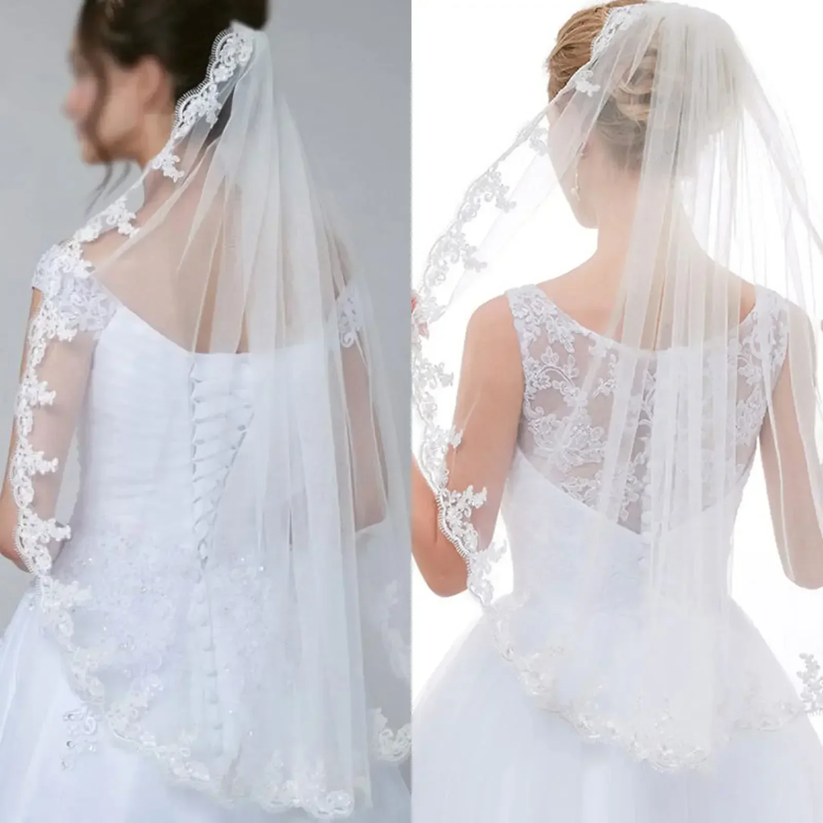 Velo de novia de 90 cm con borde de encaje floral bordado, de 1 nivel, largo hasta la punta de los dedos, con peine