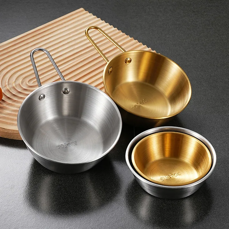 Cuenco de acero inoxidable 304 para exteriores, cuenco grueso para vino y arroz con asa, cuenco de kimchi dorado, cuenco para tirar de la nieve, arco de cocina