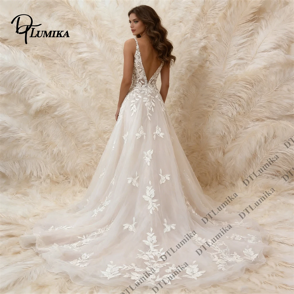 Deep V Neck Wedding Dress, Lace Applique Tulle Mermaid Bridal Gown with Illusion Bodice & Floral Embroidery, Made to Order