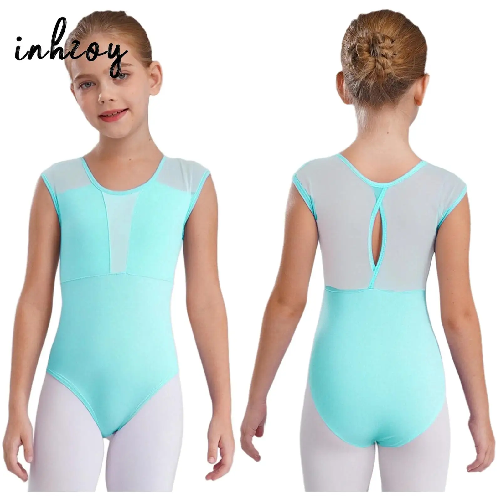 

Детский купальник для балета и гимнастики для девочек, танцевальный купальник без рукавов с замочной скважиной сзади и кнопкой в промежности, прозрачное сетчатое боди для выступления на сцене