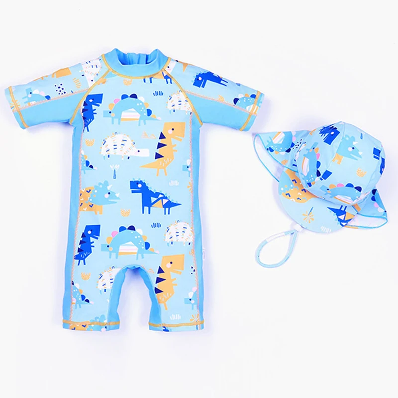 2022 New Summer Children's Swimsuit 2-8 Years Dinosaur Print One-piece Short-sleeved Beach Suit Sunscreen Boy Baby Swimwear Set