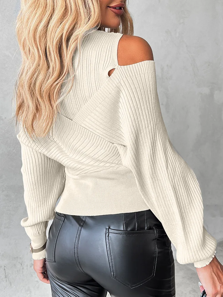 Overlap Hollow Out Sweater Women Knit Pullovers Turtleneck Tops Cross Jumpers Woman Clothing Sexy Cold Shoulder Top Sweaters