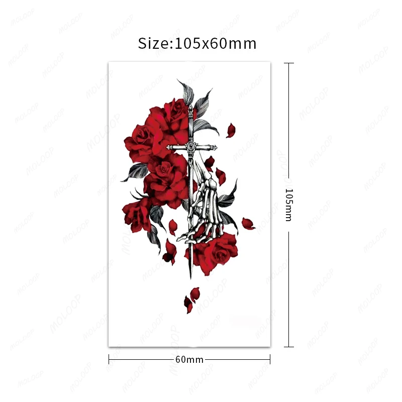 Tattoo Stickers Temporary Sword Red Rose Skull Flower Waterproof Hand Arm Neck Fake Tatto for Women Men Makeup Body Art