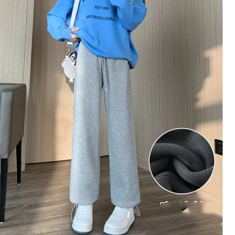 Women's Autumn Winter Solid Pockets Flocking Elastic High Waist Casual Loose Sports Wide Leg Trousers Fashion Office Lady Pants