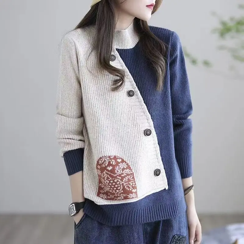 Vintage Autumn Winter New Sweaters Pullovers Women\'sMock Neck Contrast Color Patchwork Button Fashion Long Sleeve Knitted Tops