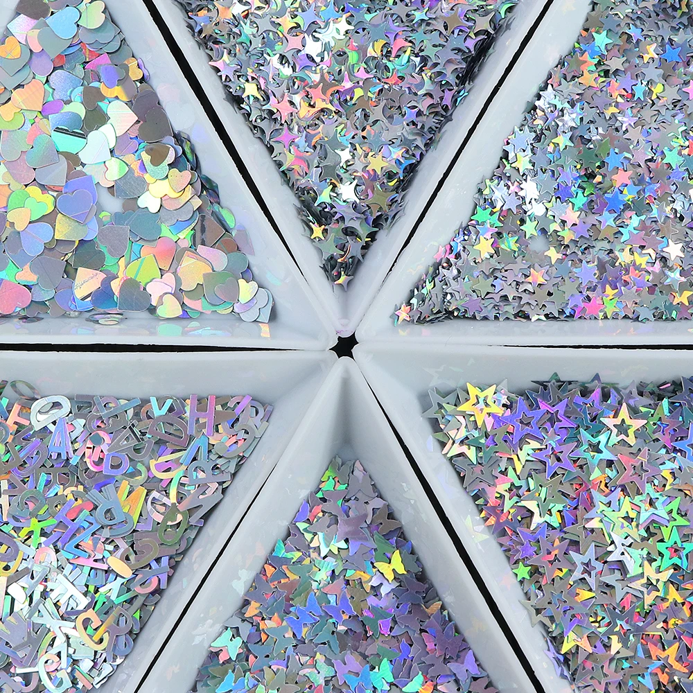 6pcs Laser Silver Sequins Glitter For Epoxy Resin Filling Shiny Alphabet Star Butterfly Paillettes DIY Shaker Mold Crafts Filler