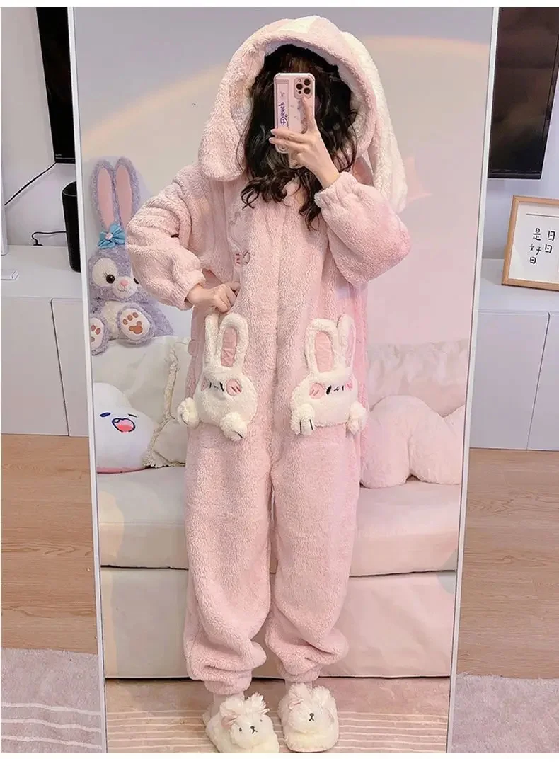 Neue Stil Korallen Samt Onesies Frauen Nette Pijamas Kaninchen Kigurumi Preppy Cartoon Mit Kapuze Kawaii Dicker Baumwolle Pyjamas Homewear