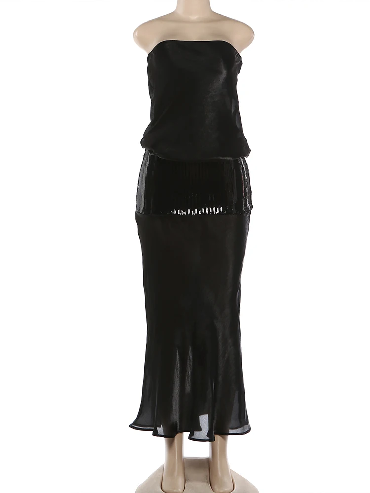 Nibber Modisches Kleid für Damen Sexy Sommer Schulterfreies Pailletten-Kleid Glänzendes Patchwork Mitternachts-Pfirsich Hüftbetonendes Sexy Clubwear Figurbetontes Maxi-Kleid – Detail 3