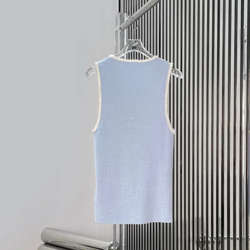 Round Neck Contrast Lace Slim Knit Vest with Single Pocket