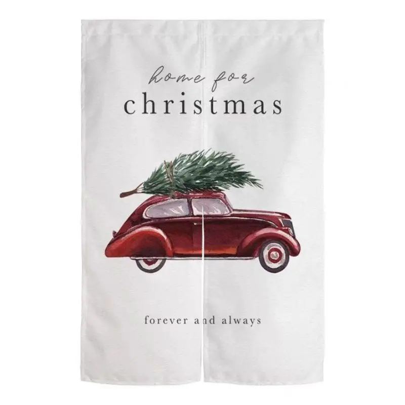 VIKAMA Christmas Tartan Happy Holidays Door Curtain Scarlet Emerald Plaid Cream Text Kitchen Dining Entryway Party Decoration