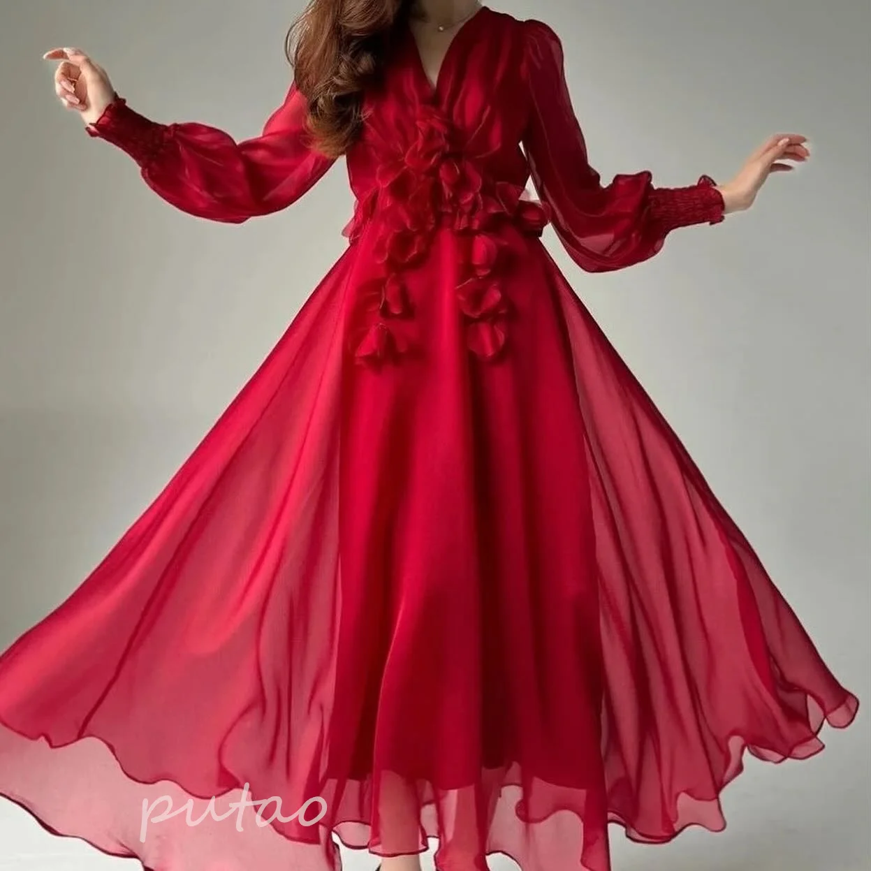 PuTao Designer Prom Dress Red New Women's Elegant Party Dress High Quality Evening Dress Formal Occasion Fashion French Vintage