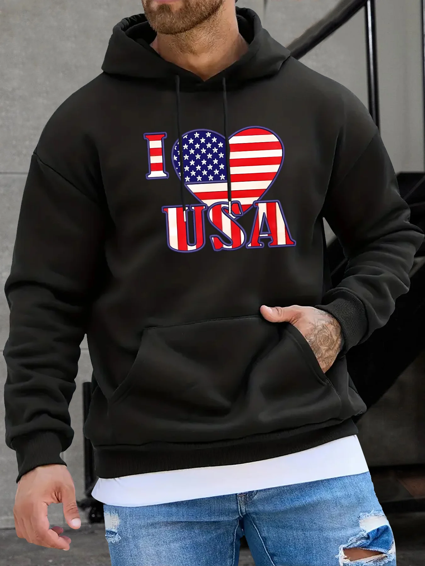 أنا أحب البلوز الرجالي المطبوع في الولايات المتحدة الأمريكية مع أربطة وجيوب الكنغر.