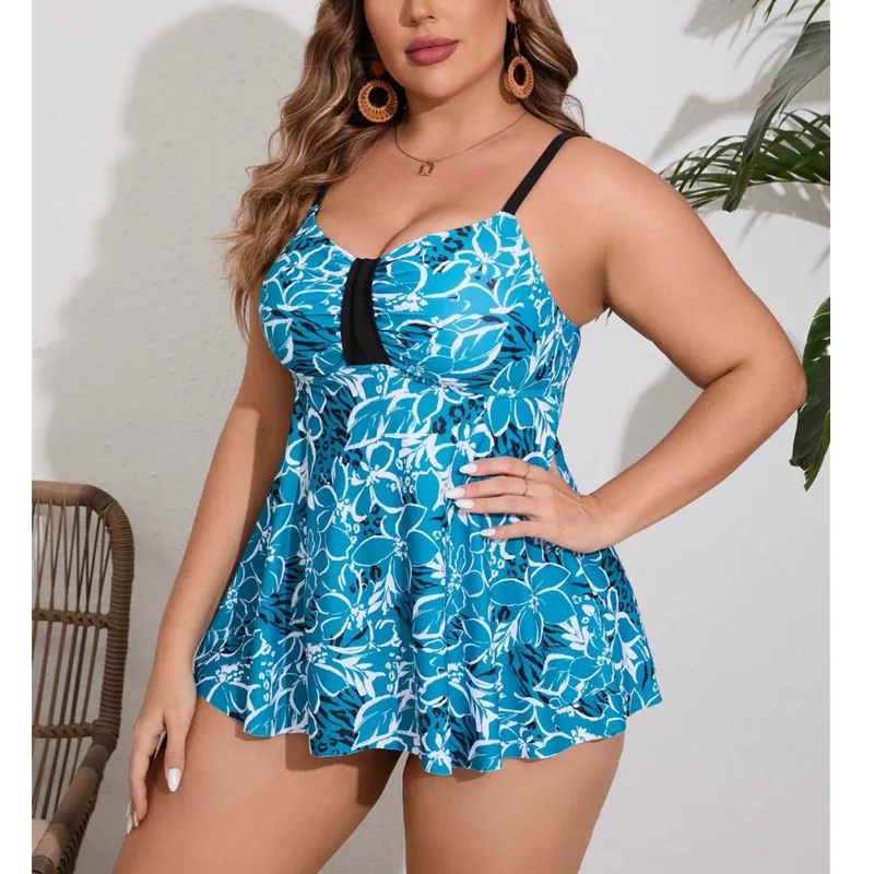 Plus Size Women's Swimsuit 2025 Printed 2 Pieces Tankini Set Conservative Swimwear Large Size Chubby Woman Bathing Suit