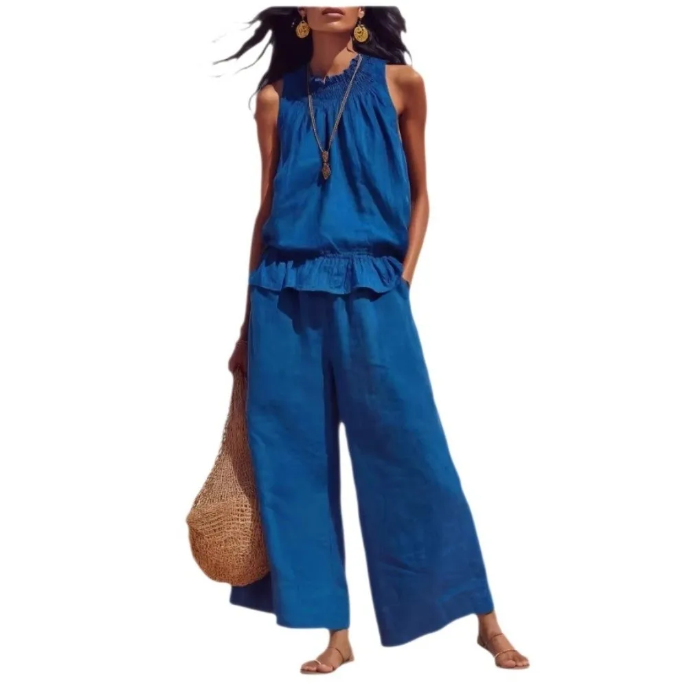 Faux Linen Ruffle Outfit Smocked Neckline Sleeveless Ladies' Suit Ruffle Hem Lightweight Woven Summer Pants Set Garden Party