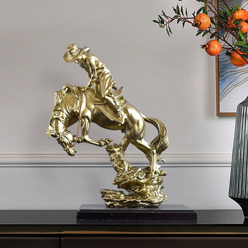 Resin American Cowboy Statue Horse Rider Sculpture Horse Trainer Figurine Office Living Room Home Decoration Gift